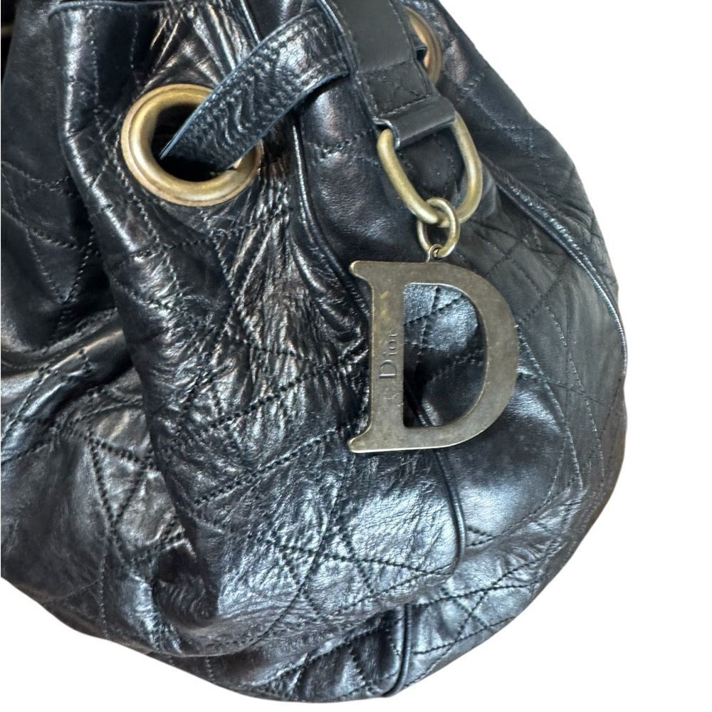 DIOR Black Quilted Cannage Leather Drawstring Hobo Bucket Shoulder Bag Auth Ex++ - Picture 3 of 16